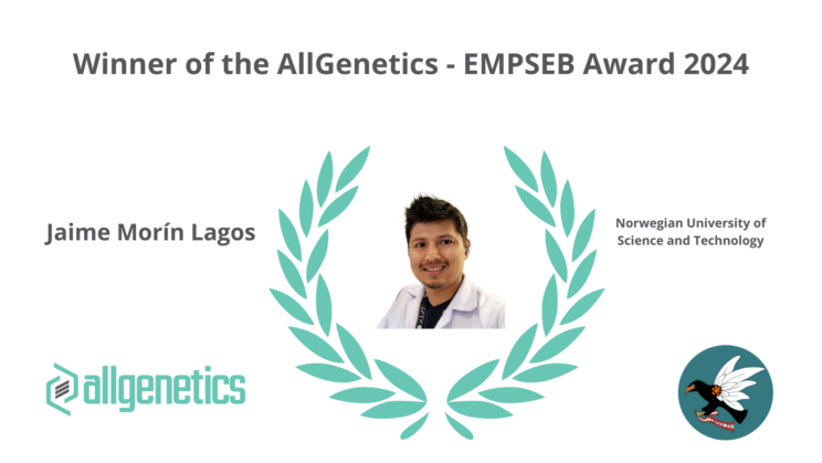 The image shows a banner with the name of the winner of the AllGenetics-EMPSEB Award 2024, Jaime Morín Lagos.