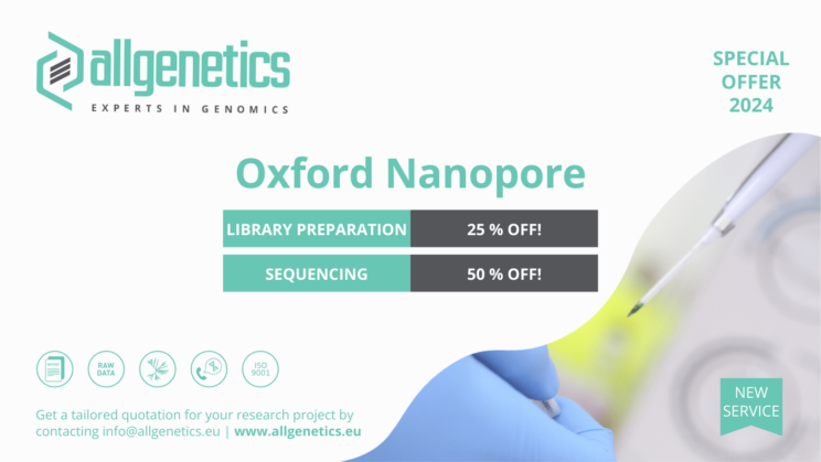 The image shows a banner with AllGenetics' Oxford Nanopore sequencing 2024 offer.