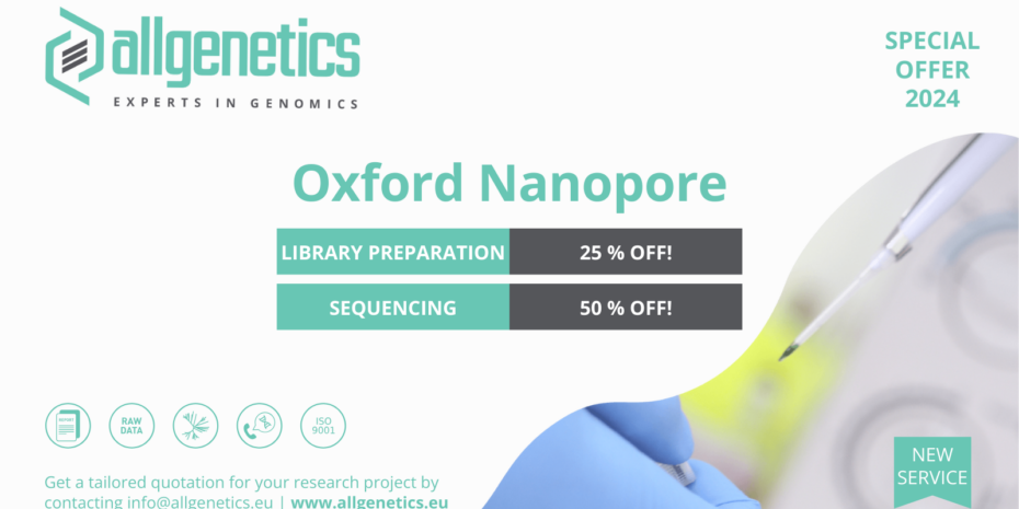 The image shows a banner with AllGenetics' Oxford Nanopore sequencing 2024 offer.